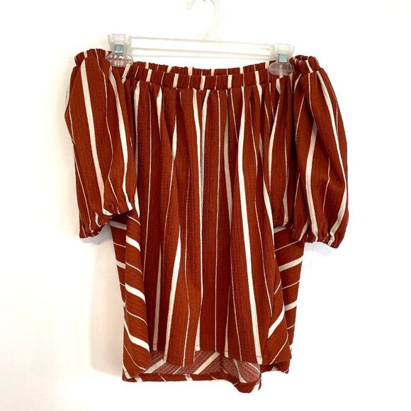 ANTHROPOLOGIE ANTHRO Elodie Off the Shoulder Top Terracotta Rust Red Stripe Boho - Picture 2 of 12